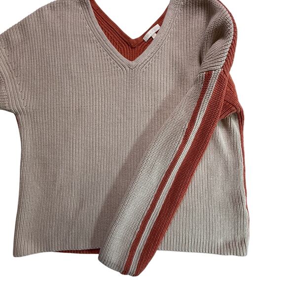 Lisa Todd Cotton Colorblock Sweater V-Neck Taupe Rust Knit Pullover Size M - Picture 4 of 11